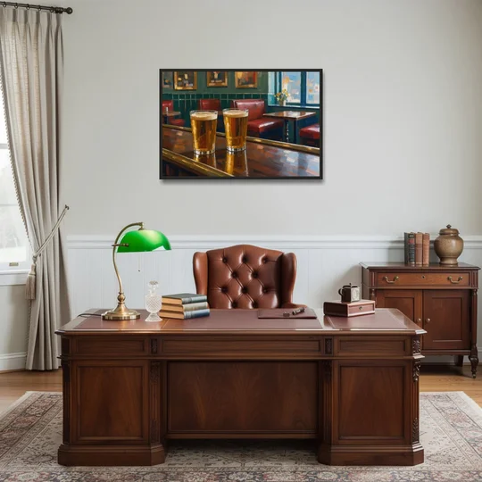Two Amber Pints at the Brass Rail for the Pub - Black Framed Canvas Wall Art - Office - 36x24