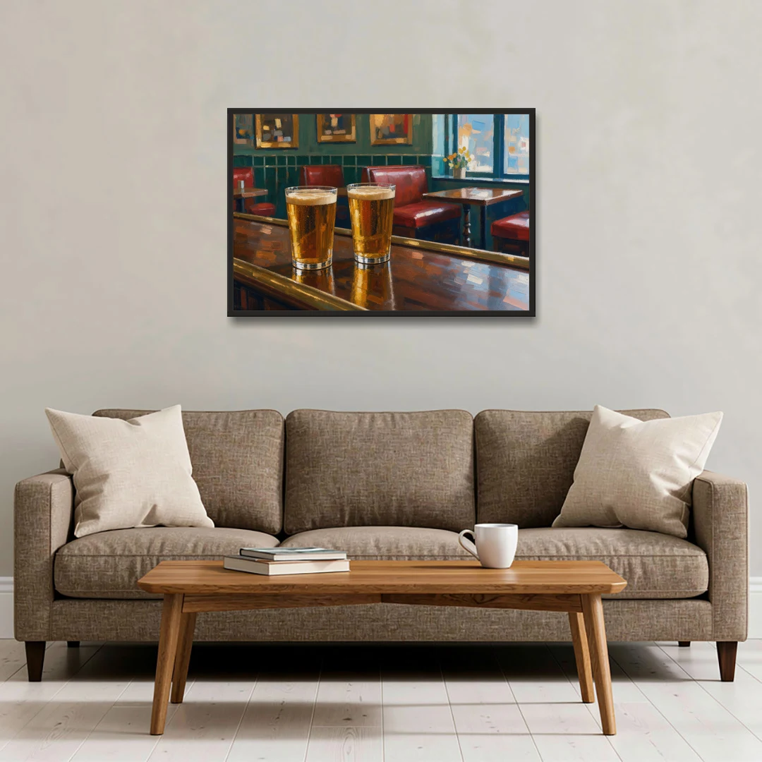 Two Amber Pints at the Brass Rail for the Pub - Black Framed Canvas Wall Art - Sofa - 36x24