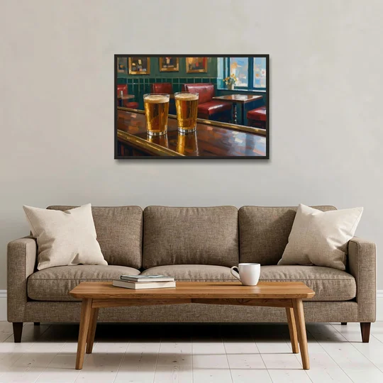Two Amber Pints at the Brass Rail for the Pub - Black Framed Canvas Wall Art - Sofa - 36x24