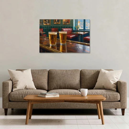 Two Amber Pints at the Brass Rail for the Pub - Canvas Wall Art - Sofa - 36x24