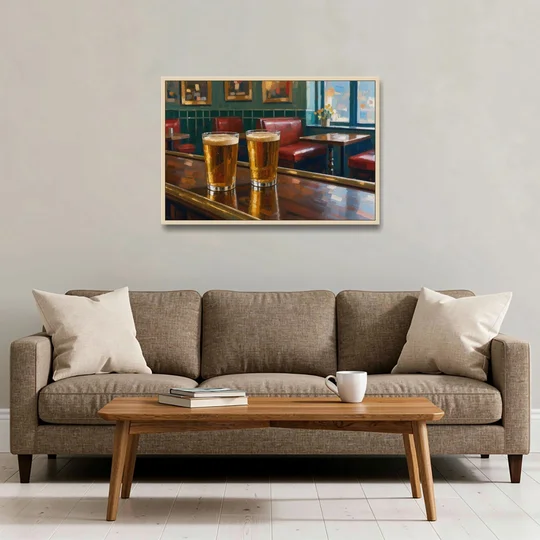 Two Amber Pints at the Brass Rail for the Pub - Oak Framed Canvas Wall Art - Sofa - 36x24