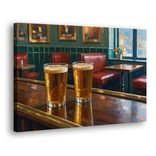 Two Amber Pints at the Brass Rail for the Pub - Canvas Wall Art - Side