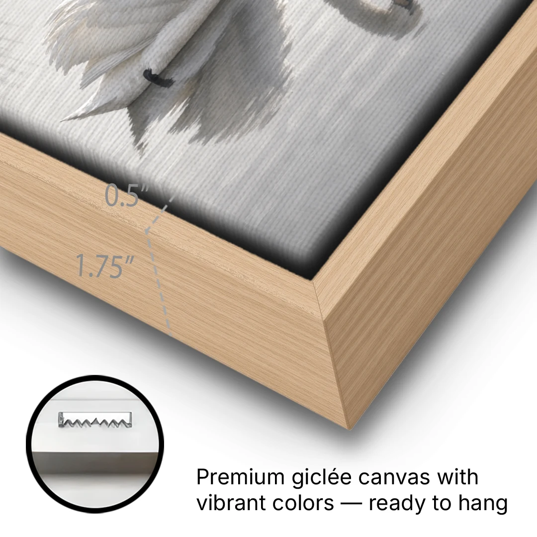 Two Black and White Swans Made for Each Other - Oak Framed Canvas Wall Art - Gallery Wrap Corner