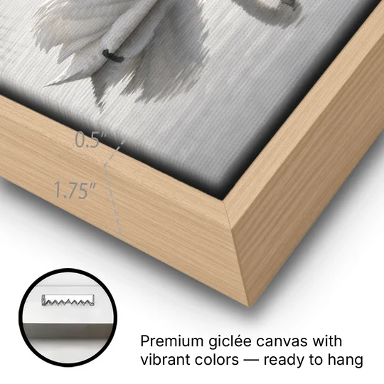 Two Black and White Swans Made for Each Other - Oak Framed Canvas Wall Art - Gallery Wrap Corner