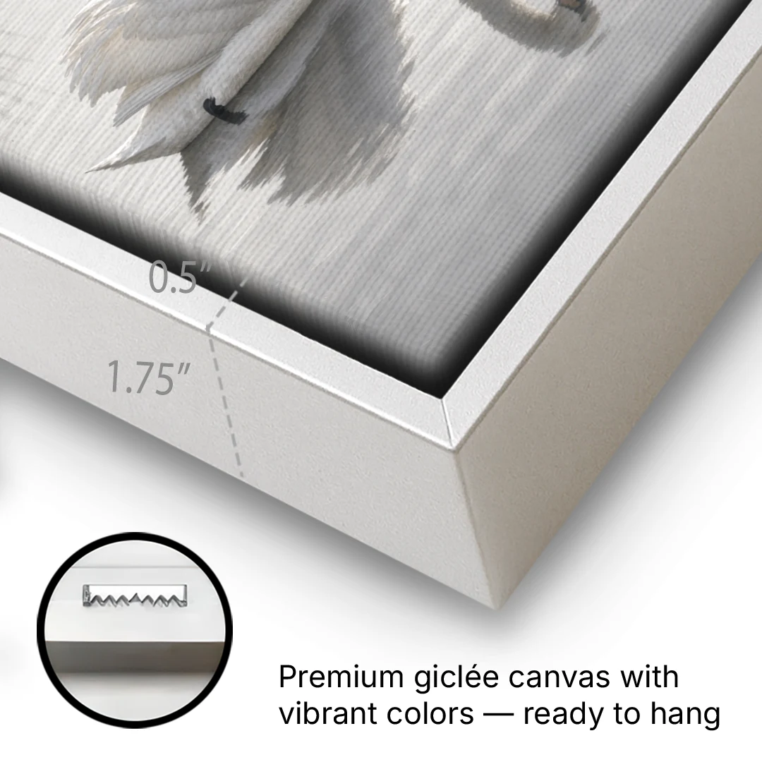 Two Black and White Swans Made for Each Other - White Framed Canvas Wall Art - Gallery Wrap Corner