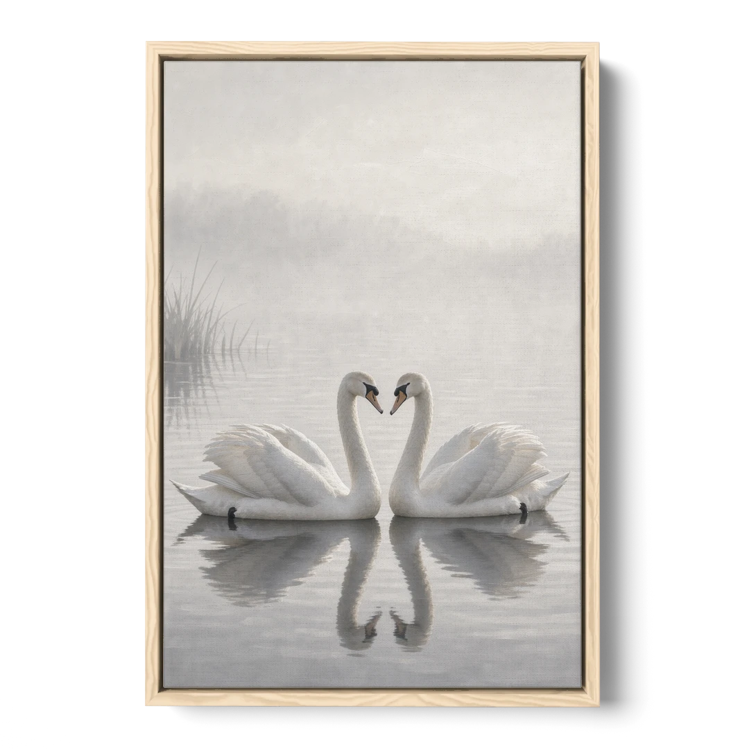 Two Black and White Swans Made for Each Other - Oak Framed Canvas Wall Art - Front