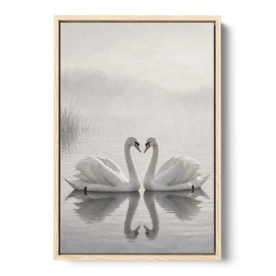 Two Black and White Swans Made for Each Other - Oak Framed Canvas Wall Art - Front