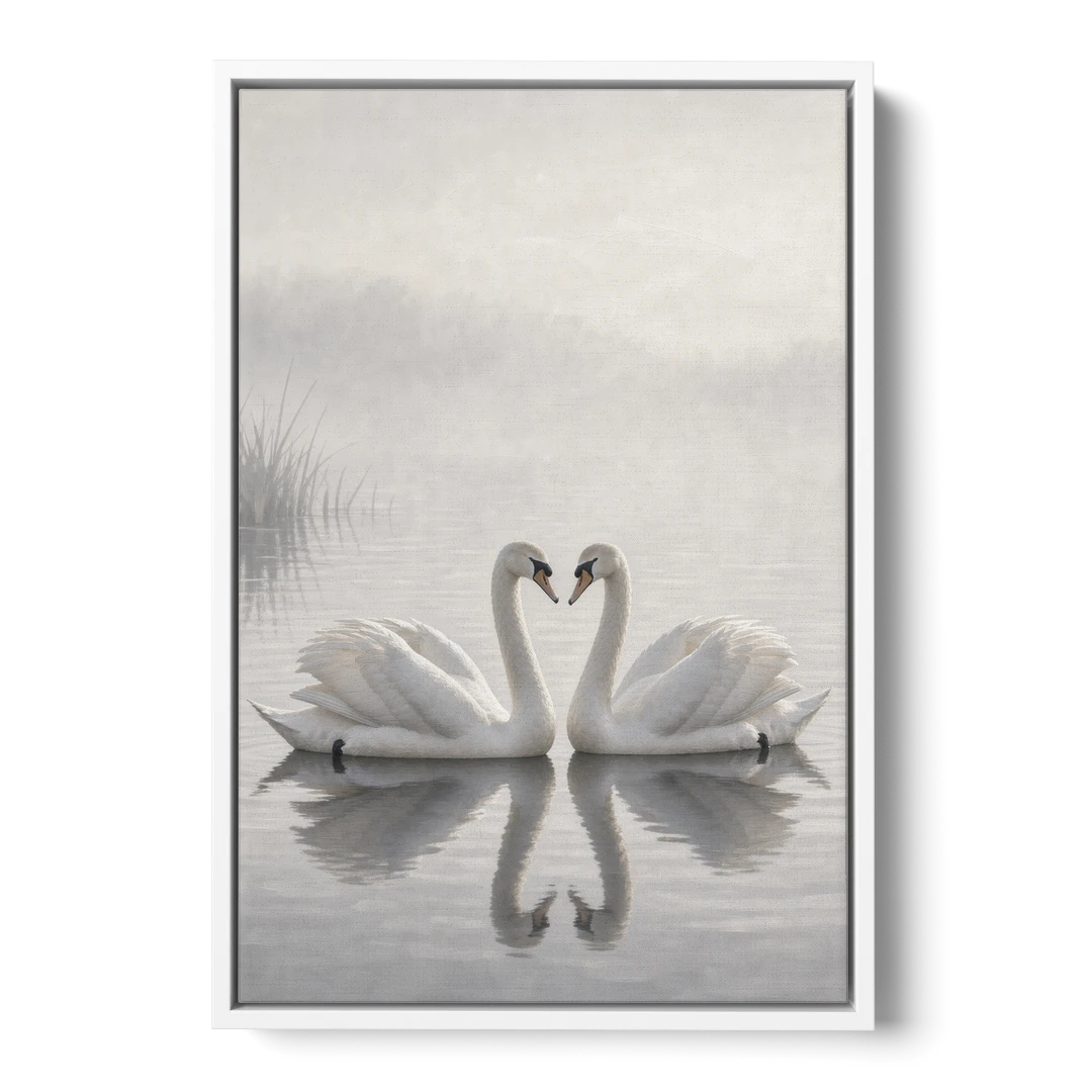 Two Black and White Swans Made for Each Other - White Framed Canvas Wall Art - Front