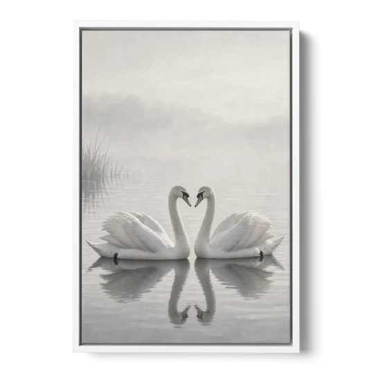 Two Black and White Swans Made for Each Other - White Framed Canvas Wall Art - Front