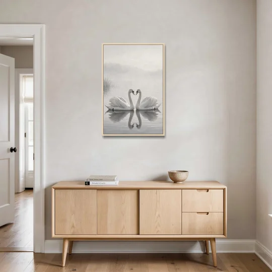 Two Black and White Swans Made for Each Other - Oak Framed Canvas Wall Art - Coffee Table - 24x36