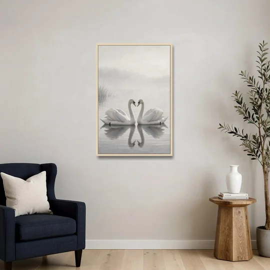 Two Black and White Swans Made for Each Other - Oak Framed Canvas Wall Art - Sofa - 24x36