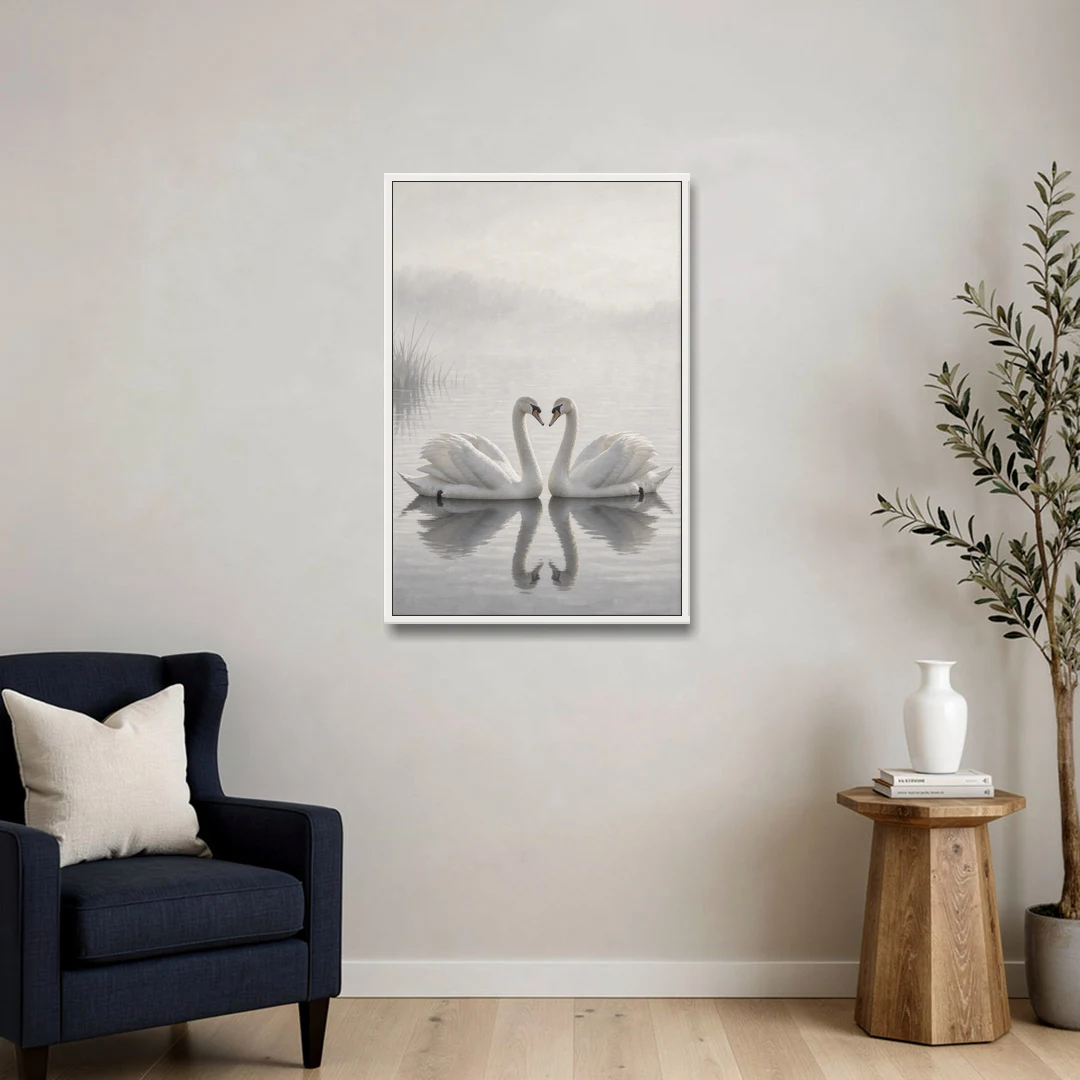 Two Black and White Swans Made for Each Other - White Framed Canvas Wall Art - Sofa - 24x36