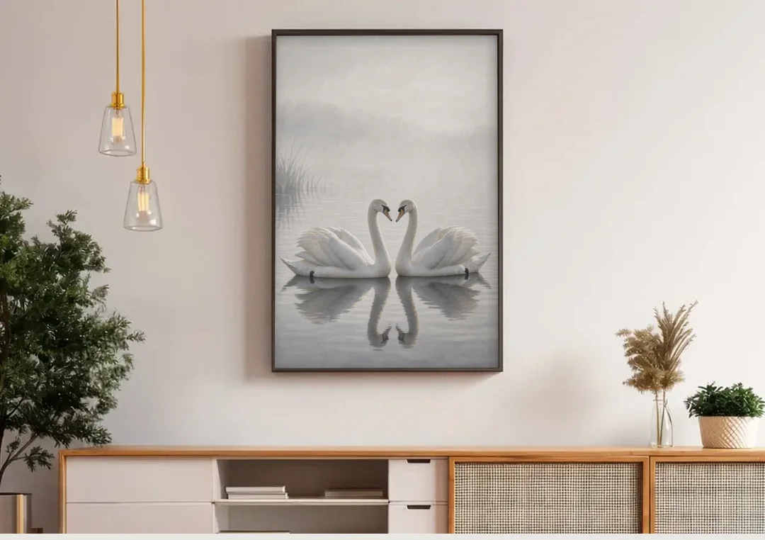 Two Black and White Swans Made for Each Other canvas wall art above a wooden sideboard under pendant lights