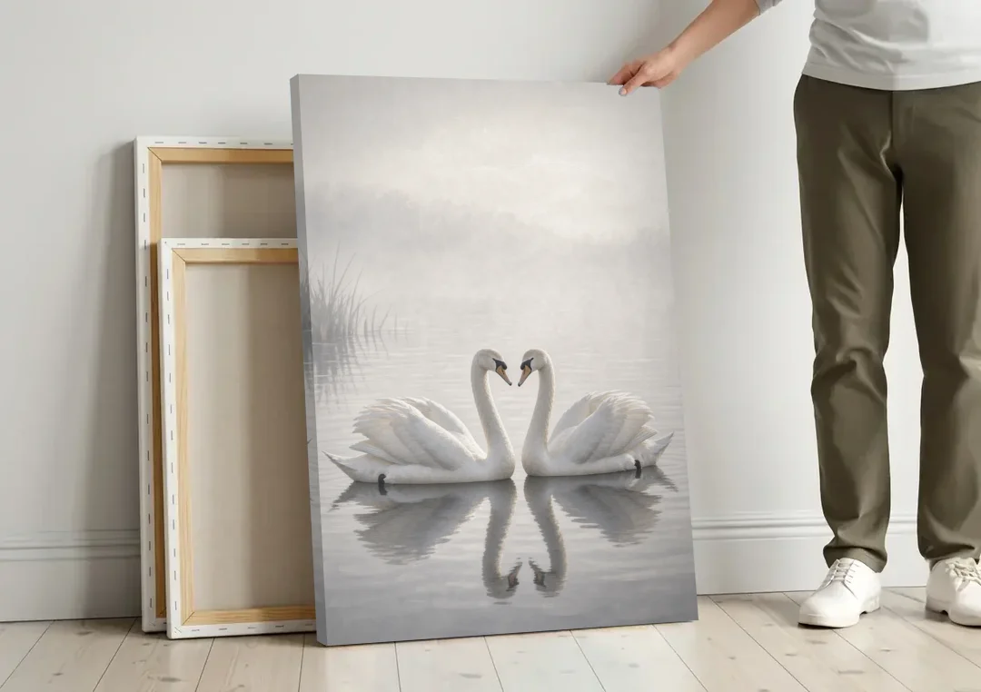 Two Black and White Swans Made for Each Other canvas wall art leaning against a wall next to blank canvases