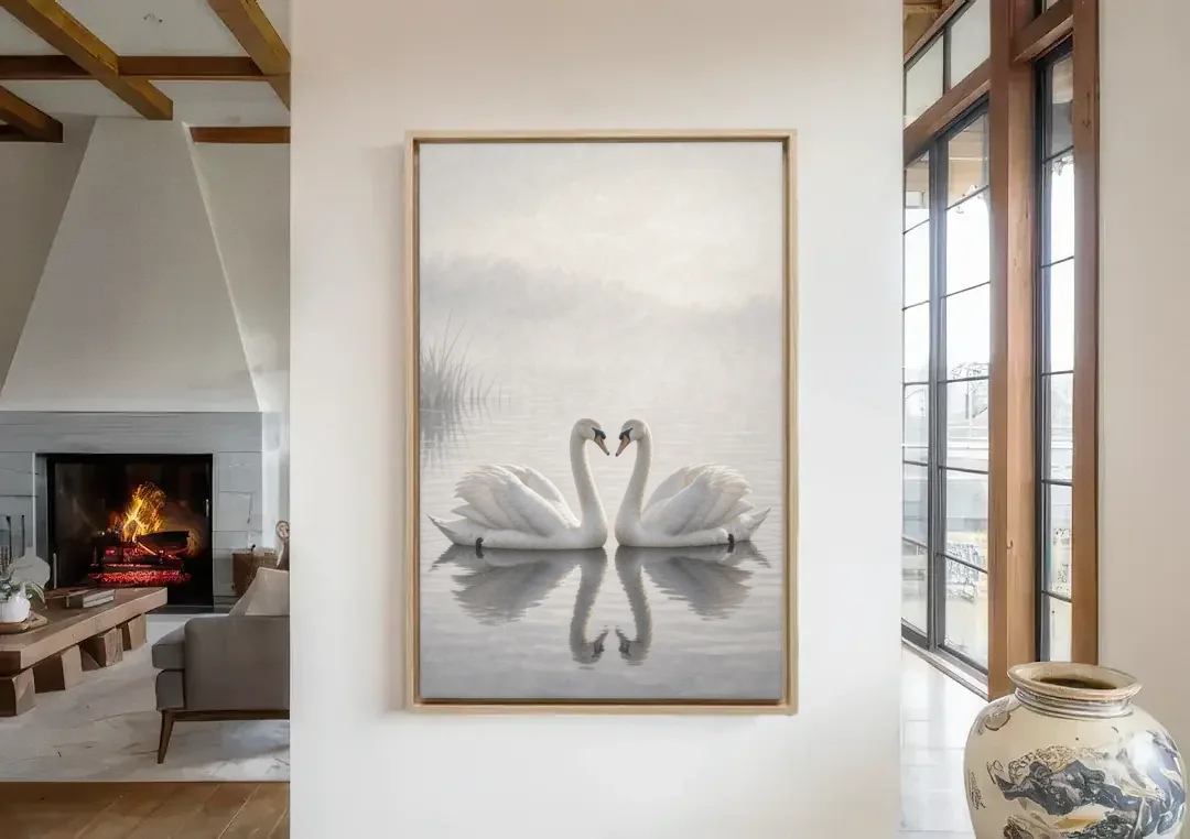 Two Black and White Swans Made for Each Other canvas wall art in a living room with a fireplace