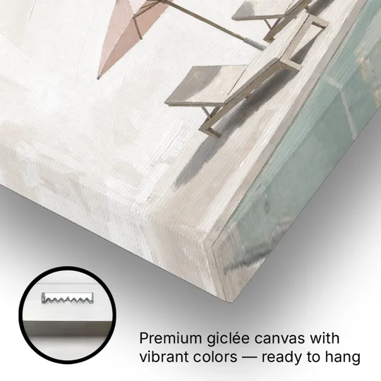 Two Chaise Longues Under a Pink Umbrella - Canvas Wall Art - Gallery Wrap Corner