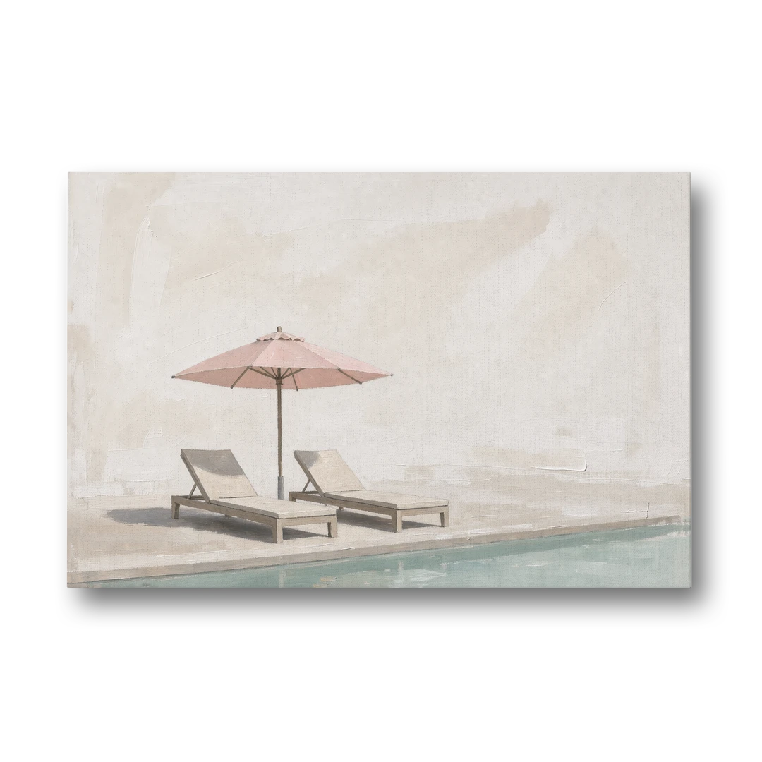 Two Chaise Longues Under a Pink Umbrella - Canvas Wall Art - Front
