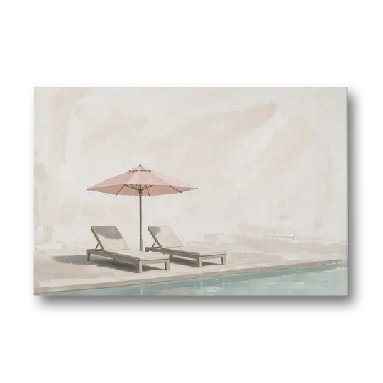 Two Chaise Longues Under a Pink Umbrella - Canvas Wall Art - Front