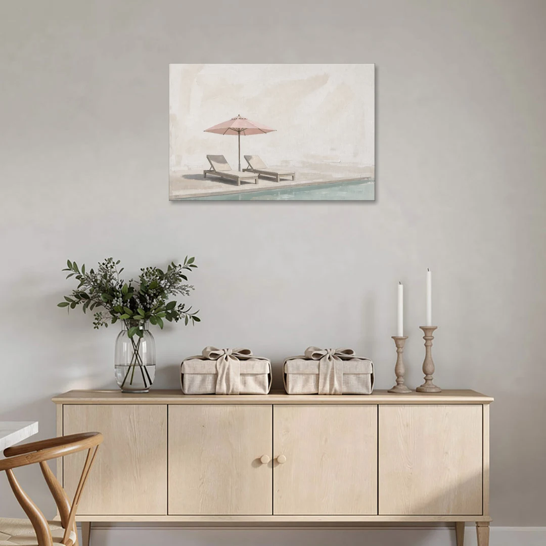 Two Chaise Longues Under a Pink Umbrella - Canvas Wall Art - Coffee Table - 36x24