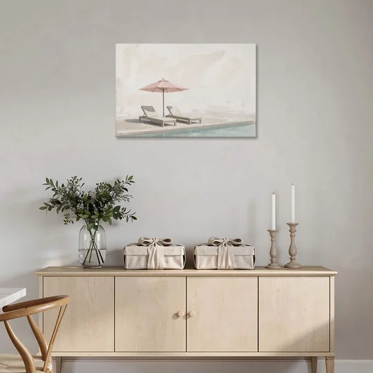 Two Chaise Longues Under a Pink Umbrella - Canvas Wall Art - Coffee Table - 36x24