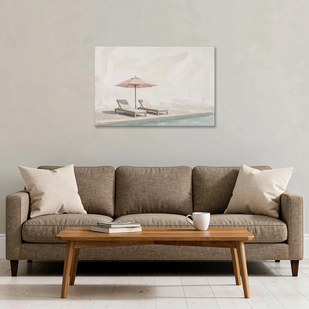 Two Chaise Longues Under a Pink Umbrella - Canvas Wall Art - Sofa - 36x24