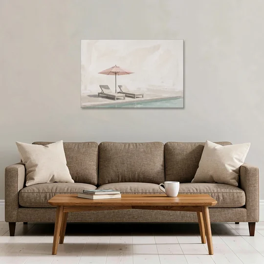 Two Chaise Longues Under a Pink Umbrella - Canvas Wall Art - Sofa - 36x24