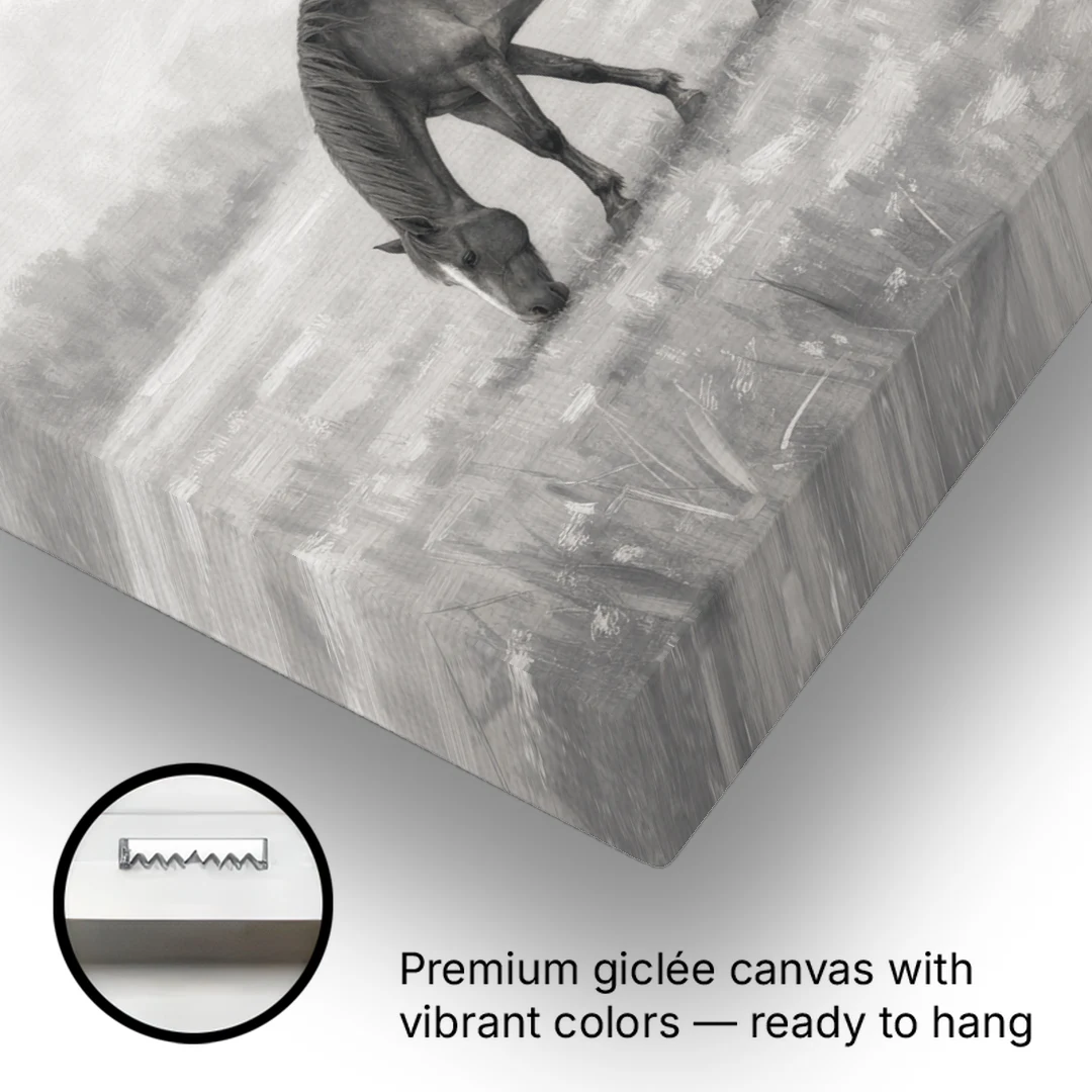 Two Horses Grazing in Misty Pasture in Black and White - Canvas Wall Art - Gallery Wrap Corner