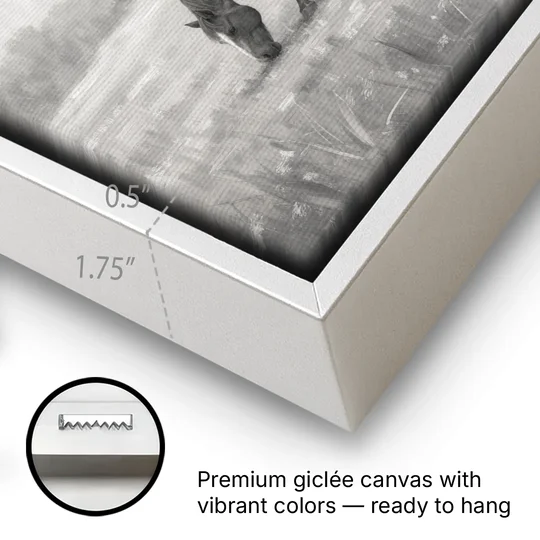 Two Horses Grazing in Misty Pasture in Black and White - White Framed Canvas Wall Art - Gallery Wrap Corner