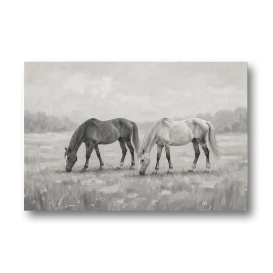 Two Horses Grazing in Misty Pasture in Black and White - Canvas Wall Art - Front