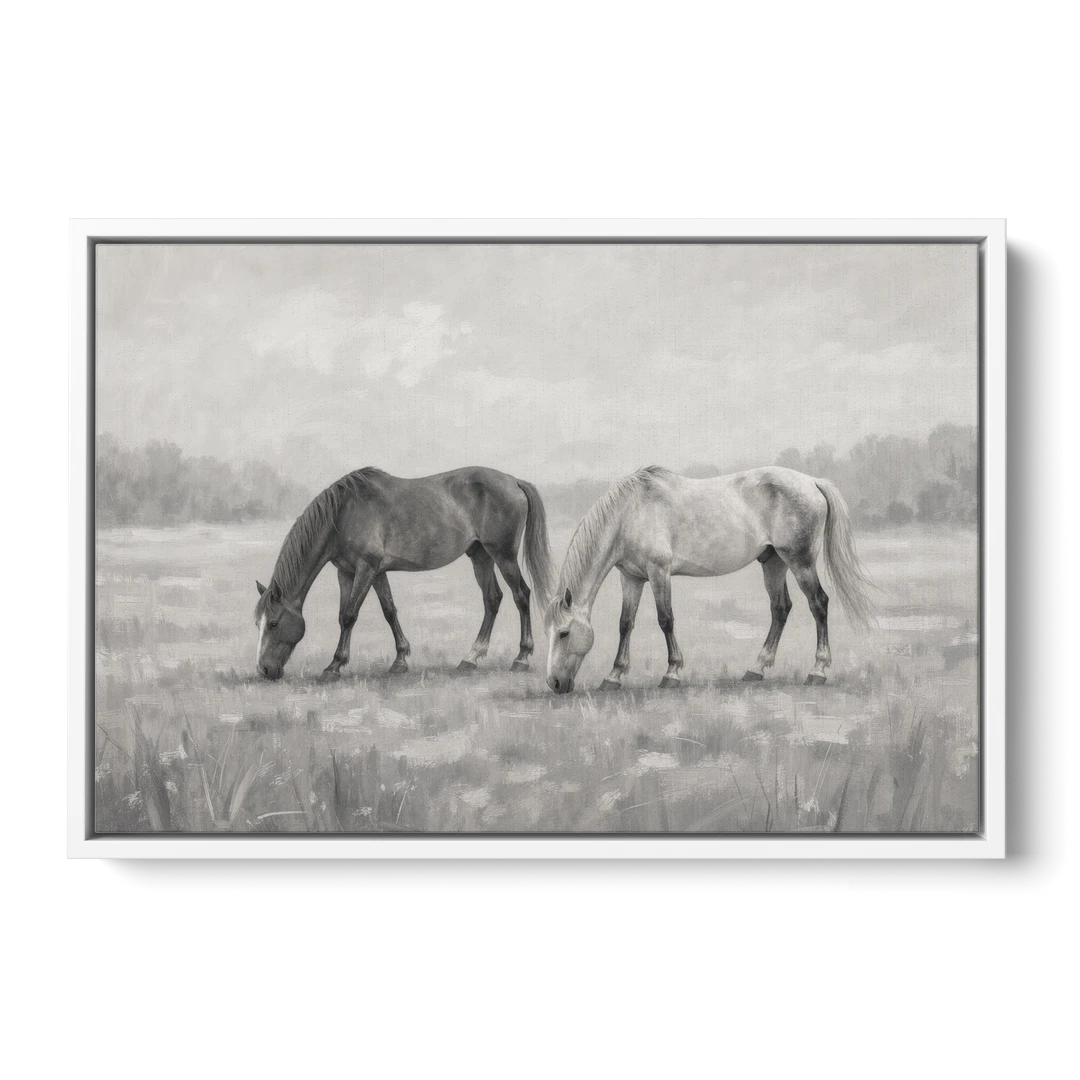 Two Horses Grazing in Misty Pasture in Black and White - White Framed Canvas Wall Art - Front