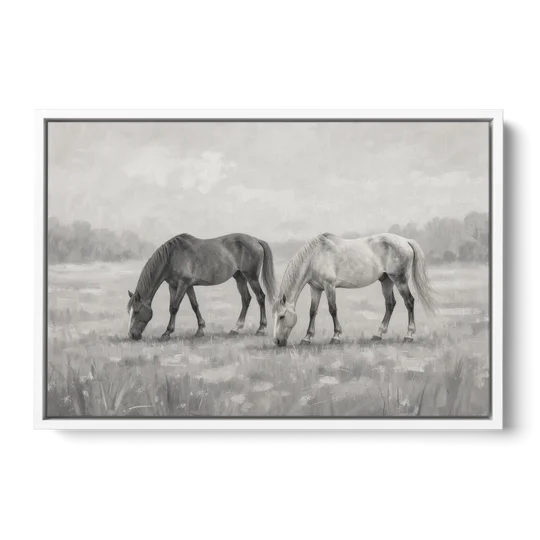 Two Horses Grazing in Misty Pasture in Black and White - White Framed Canvas Wall Art - Front