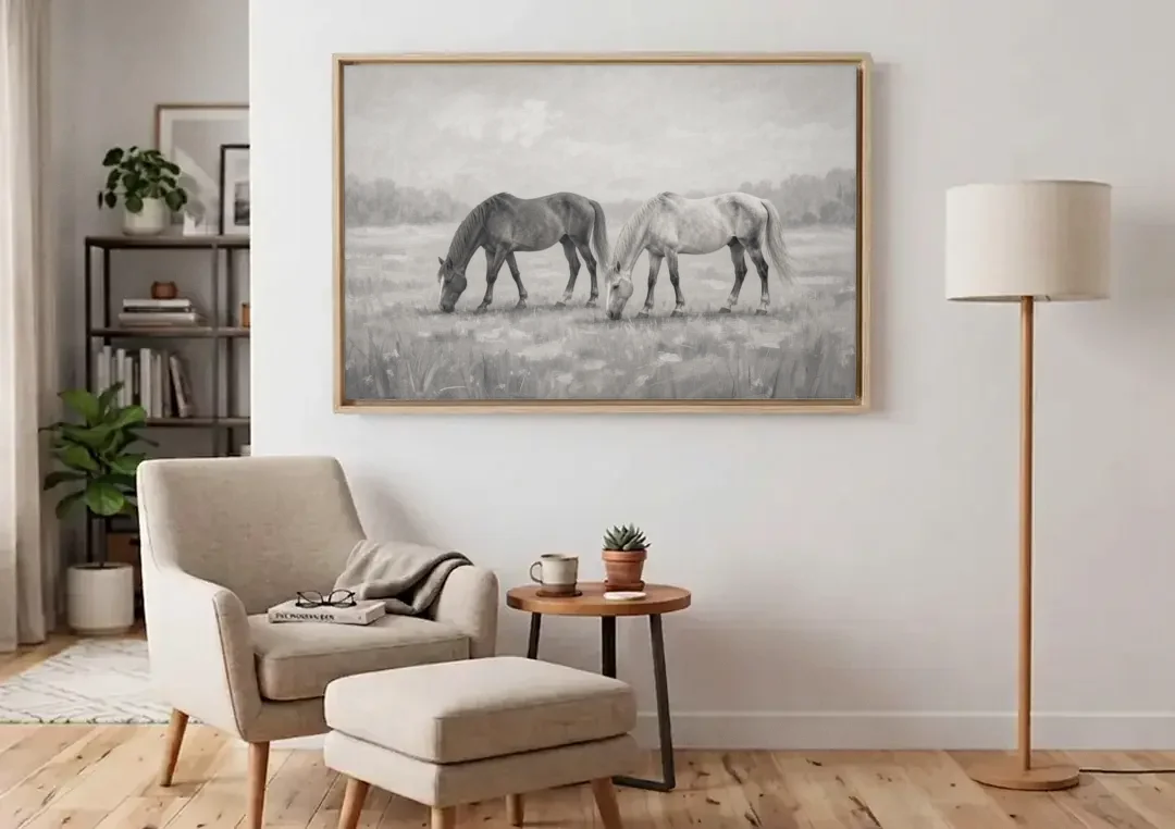 Two Horses Grazing in Misty Pasture in Black and White canvas wall art above an armchair in a bright living room