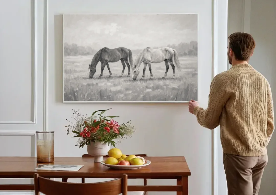 Two Horses Grazing in Misty Pasture in Black and White canvas wall art above a dining table