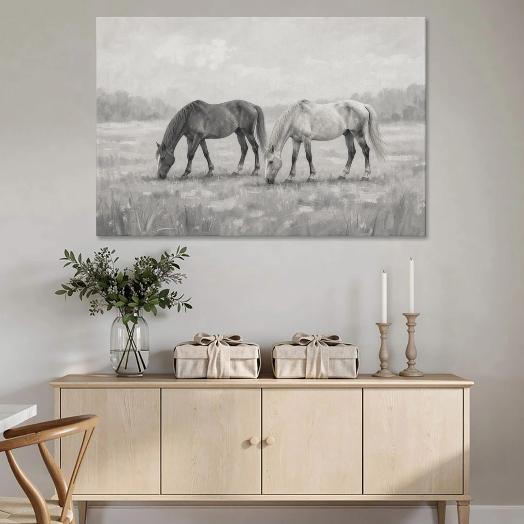 Two Horses Grazing in Misty Pasture in Black and White - Canvas Wall Art - Coffee Table - 60x40