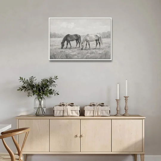 Two Horses Grazing in Misty Pasture in Black and White - White Framed Canvas Wall Art - Coffee Table - 36x24