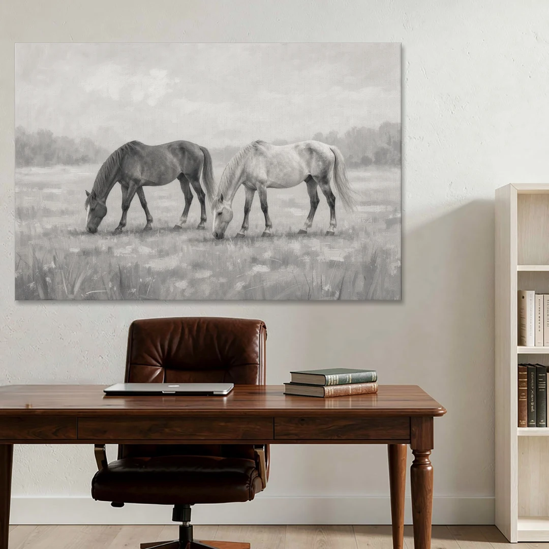 Two Horses Grazing in Misty Pasture in Black and White - Canvas Wall Art - Office - 60x40