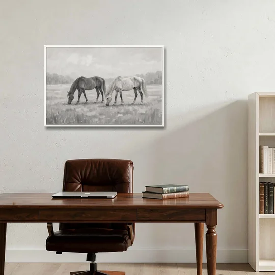 Two Horses Grazing in Misty Pasture in Black and White - White Framed Canvas Wall Art - Office - 36x24