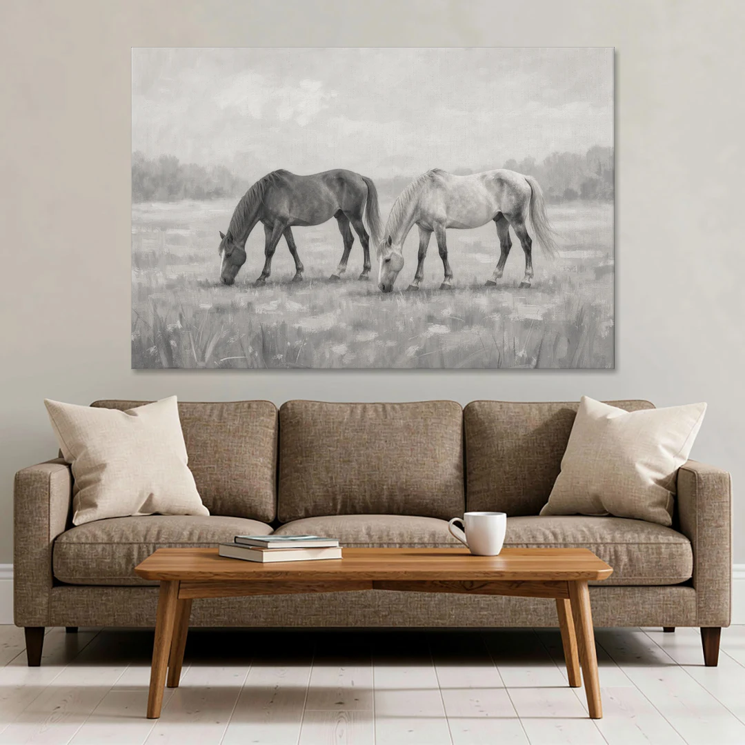 Two Horses Grazing in Misty Pasture in Black and White - Canvas Wall Art - Sofa - 60x40