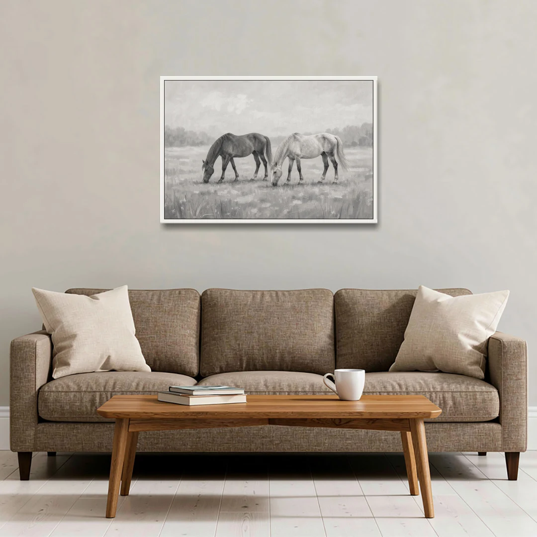 Two Horses Grazing in Misty Pasture in Black and White - White Framed Canvas Wall Art - Sofa - 36x24