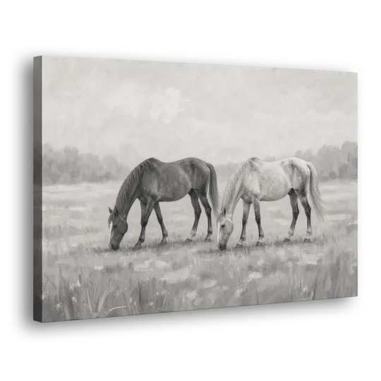 Two Horses Grazing in Misty Pasture in Black and White - Canvas Wall Art - Side