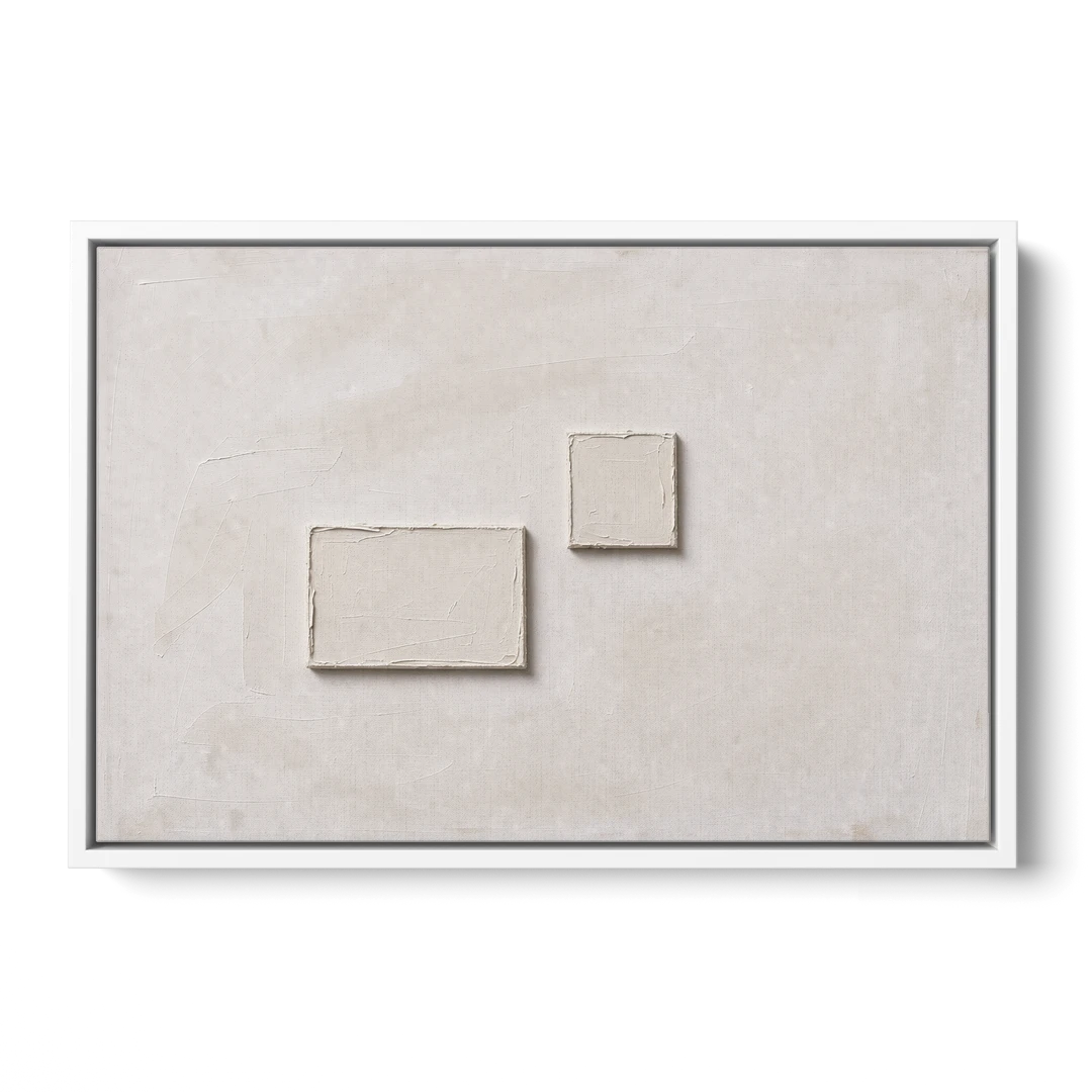 Two Offset Off-White Relief Blocks on Plaster - White Framed Canvas Wall Art - Front