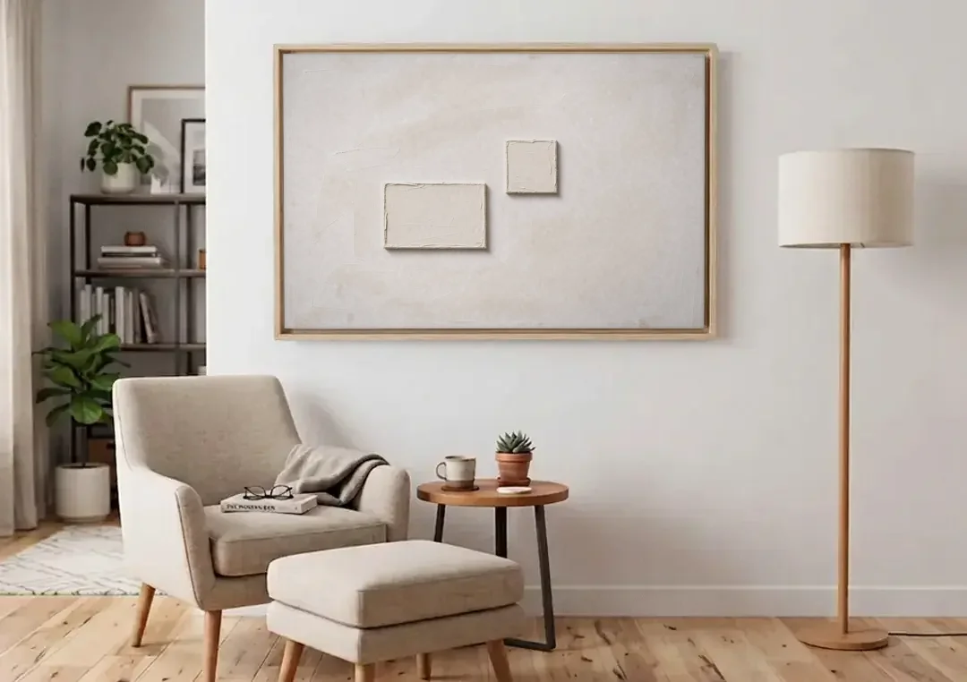 Two Offset Off-White Relief Blocks on Plaster canvas wall art above an armchair in a bright living room