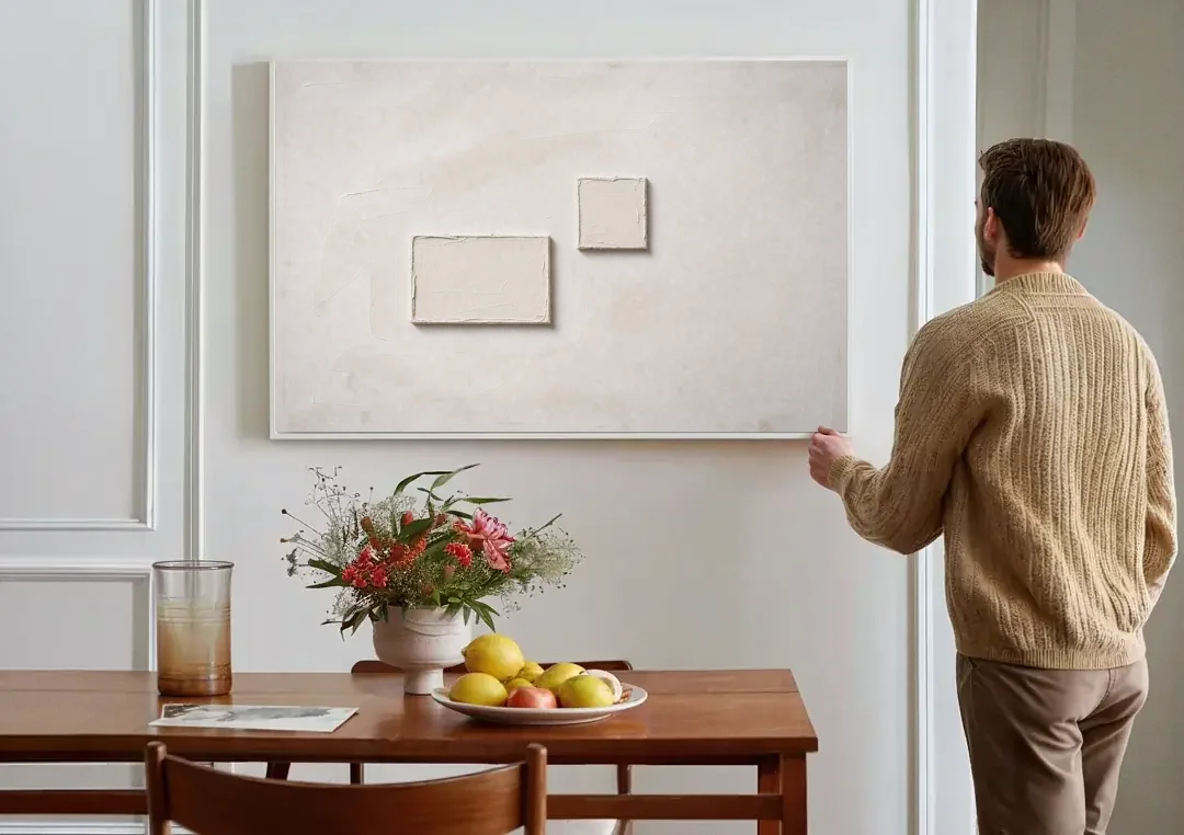 Two Offset Off-White Relief Blocks on Plaster canvas wall art above a dining table