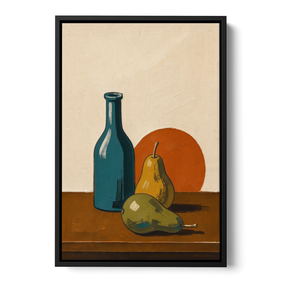 Two Pears Beside a Teal Glass Bottle - Black Framed Canvas Wall Art - Front