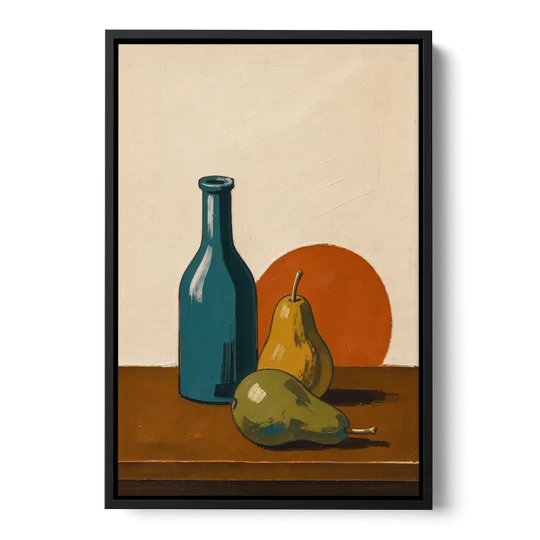 Two Pears Beside a Teal Glass Bottle - Black Framed Canvas Wall Art - Front
