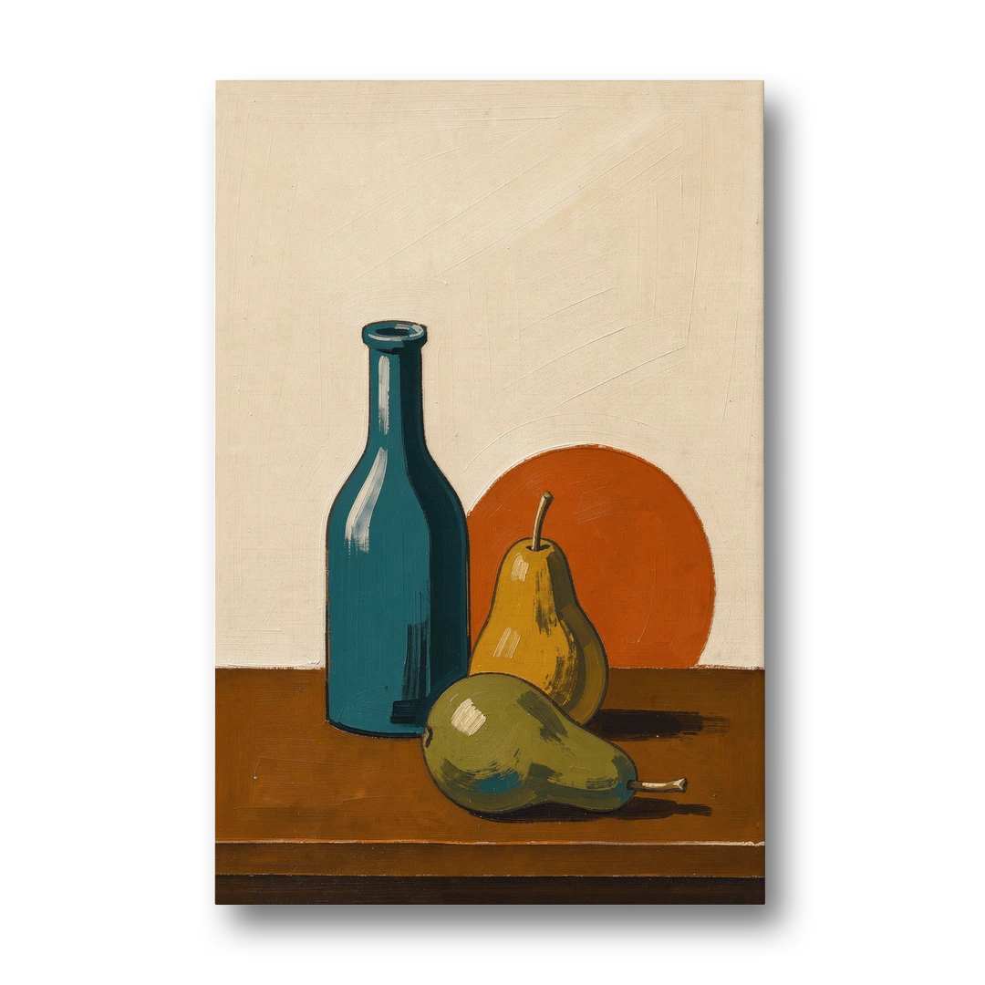 Two Pears Beside a Teal Glass Bottle - Canvas Wall Art - Front