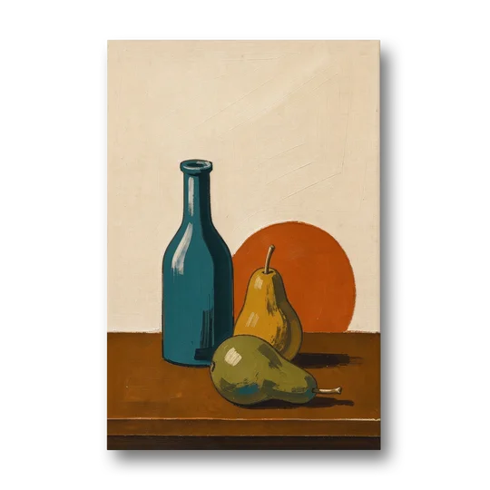 Two Pears Beside a Teal Glass Bottle - Canvas Wall Art - Front