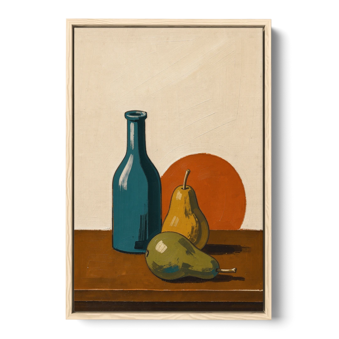 Two Pears Beside a Teal Glass Bottle - Oak Framed Canvas Wall Art - Front