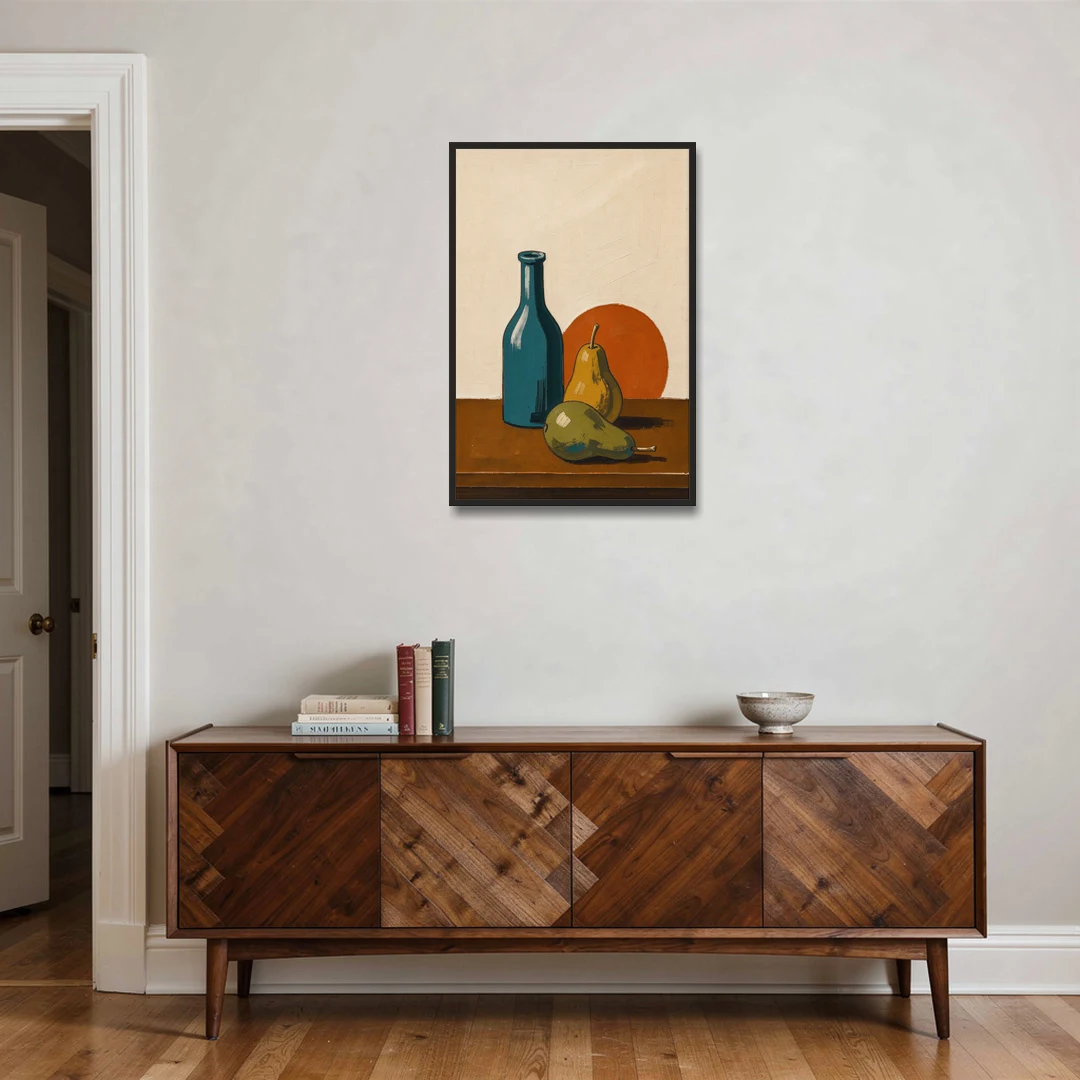 Two Pears Beside a Teal Glass Bottle - Black Framed Canvas Wall Art - Coffee Table - 24x36