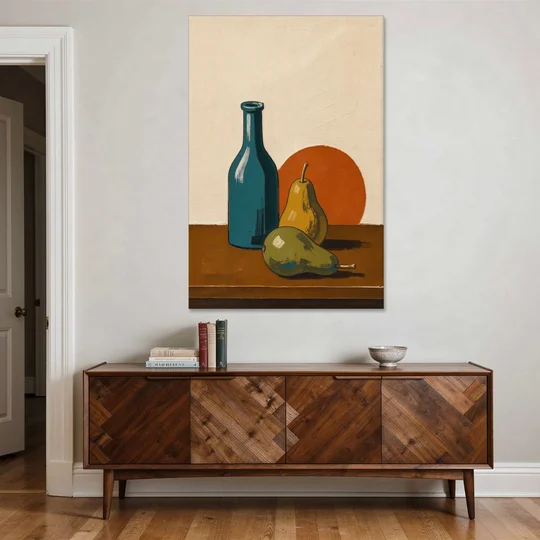 Two Pears Beside a Teal Glass Bottle - Canvas Wall Art - Coffee Table - 40x60
